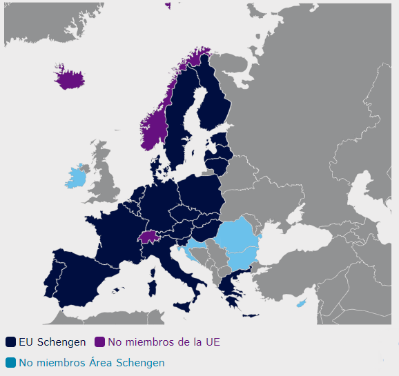 Mapa con los países miembros de la unión europea. Visa pasaporte Latinoamérica. 