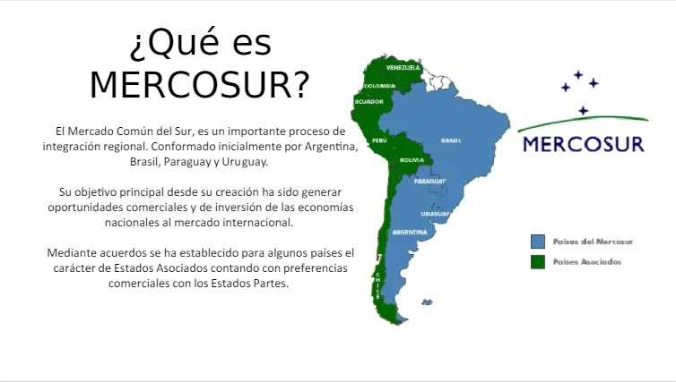 Mapa con los países miembros: argentina, Uruguay, Paraguay y Brasil y los países asociados: chile, Bolivia, Perú, ecuador, Colombia y Venezuela. 
Países donde se puede viajar sin pasaporte y visa en Latinoamérica. 